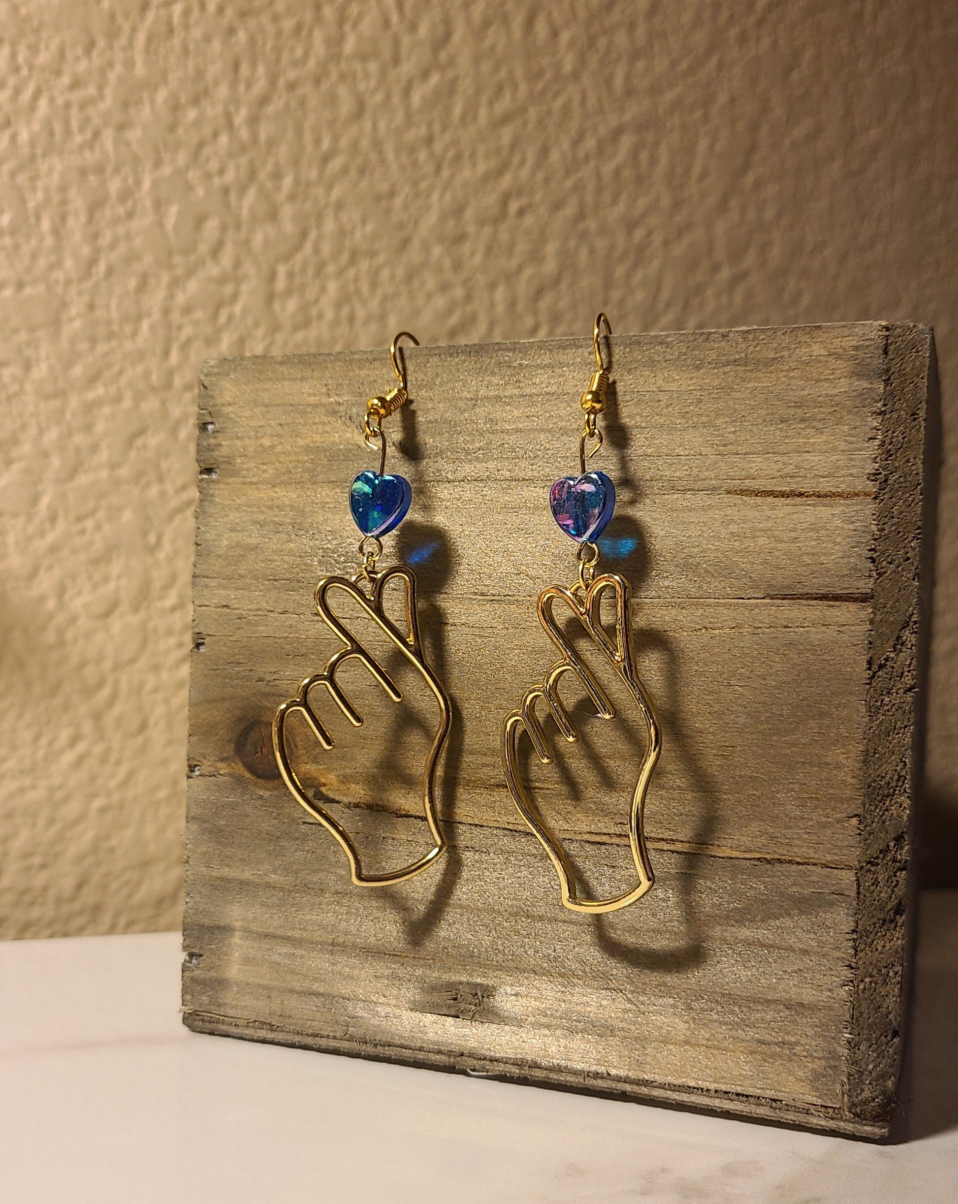 Finger Heart Earrings - Blue