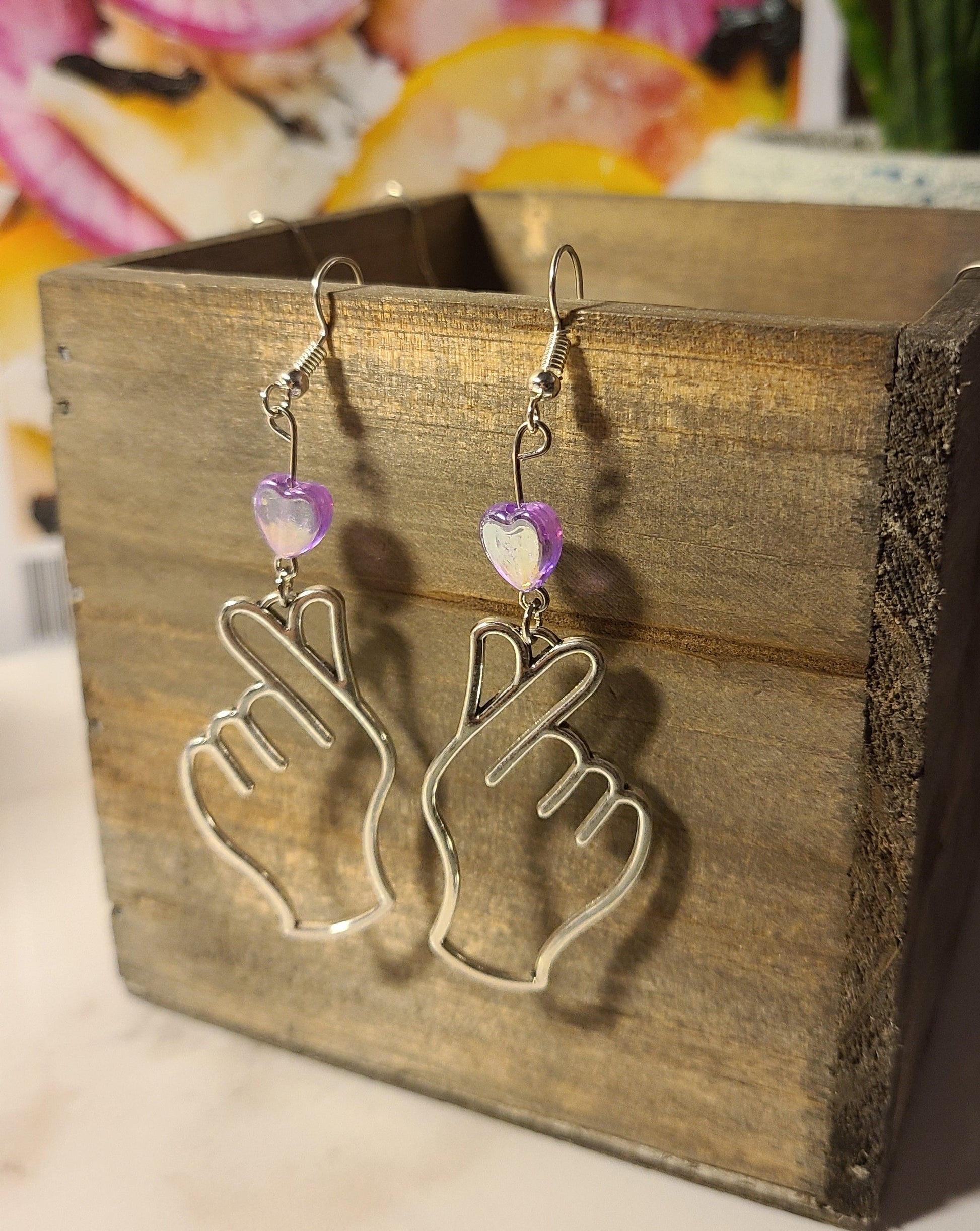 Finger Heart Earrings - Purple