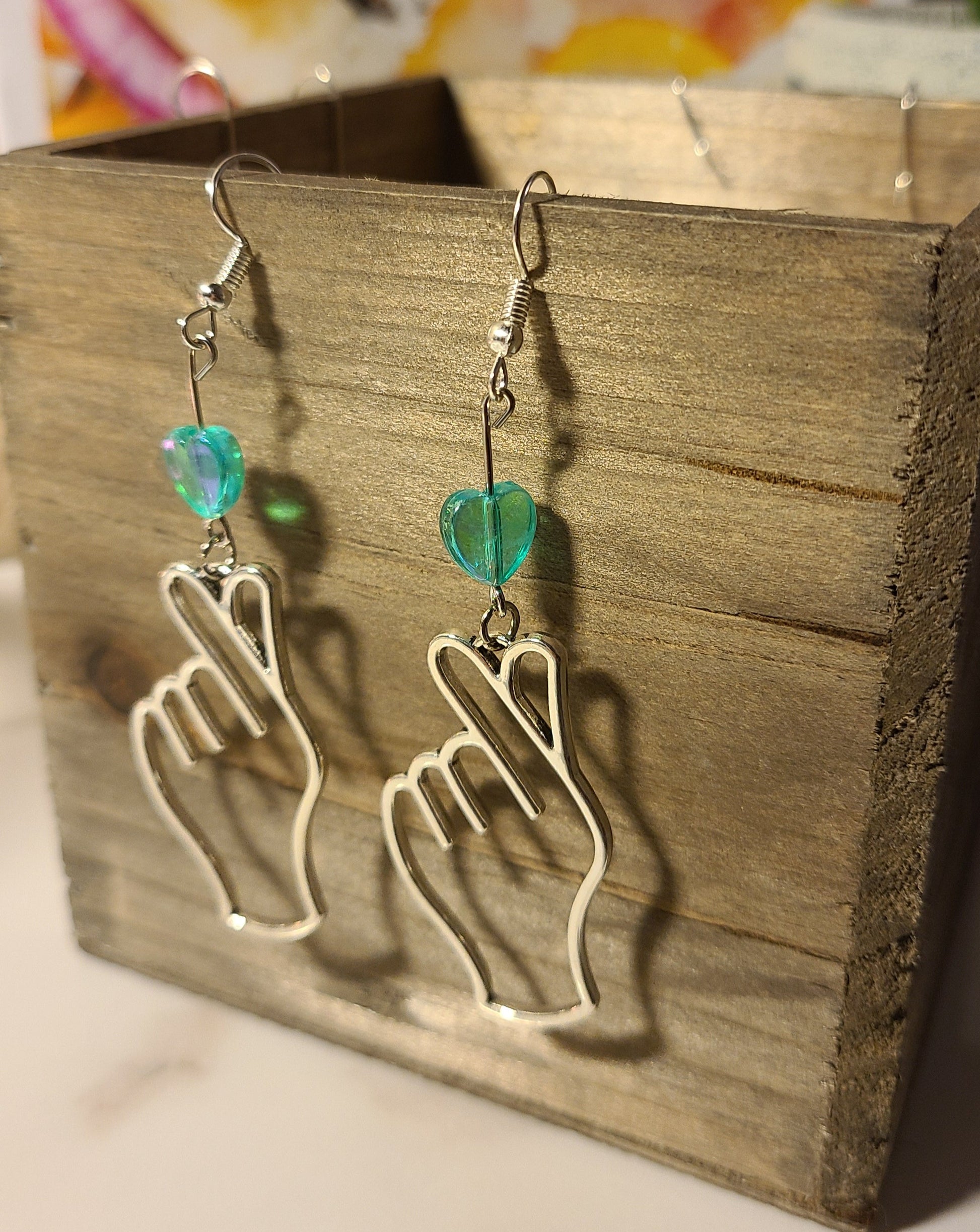 Finger Heart Earrings - Teal