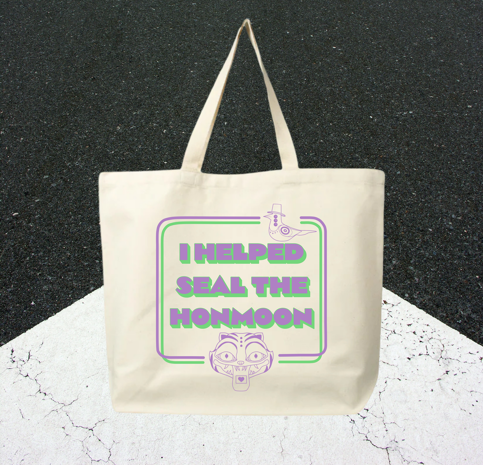 Tote bag with text 'I helped seal the honmon' on a textured black and white background